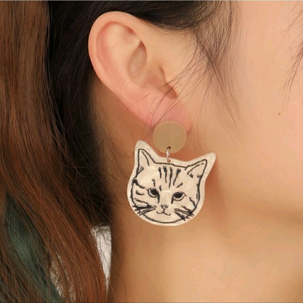 Kitty Cat Face Design Acrylic Dangling Drop Post Earrings - Picture 4 of 6